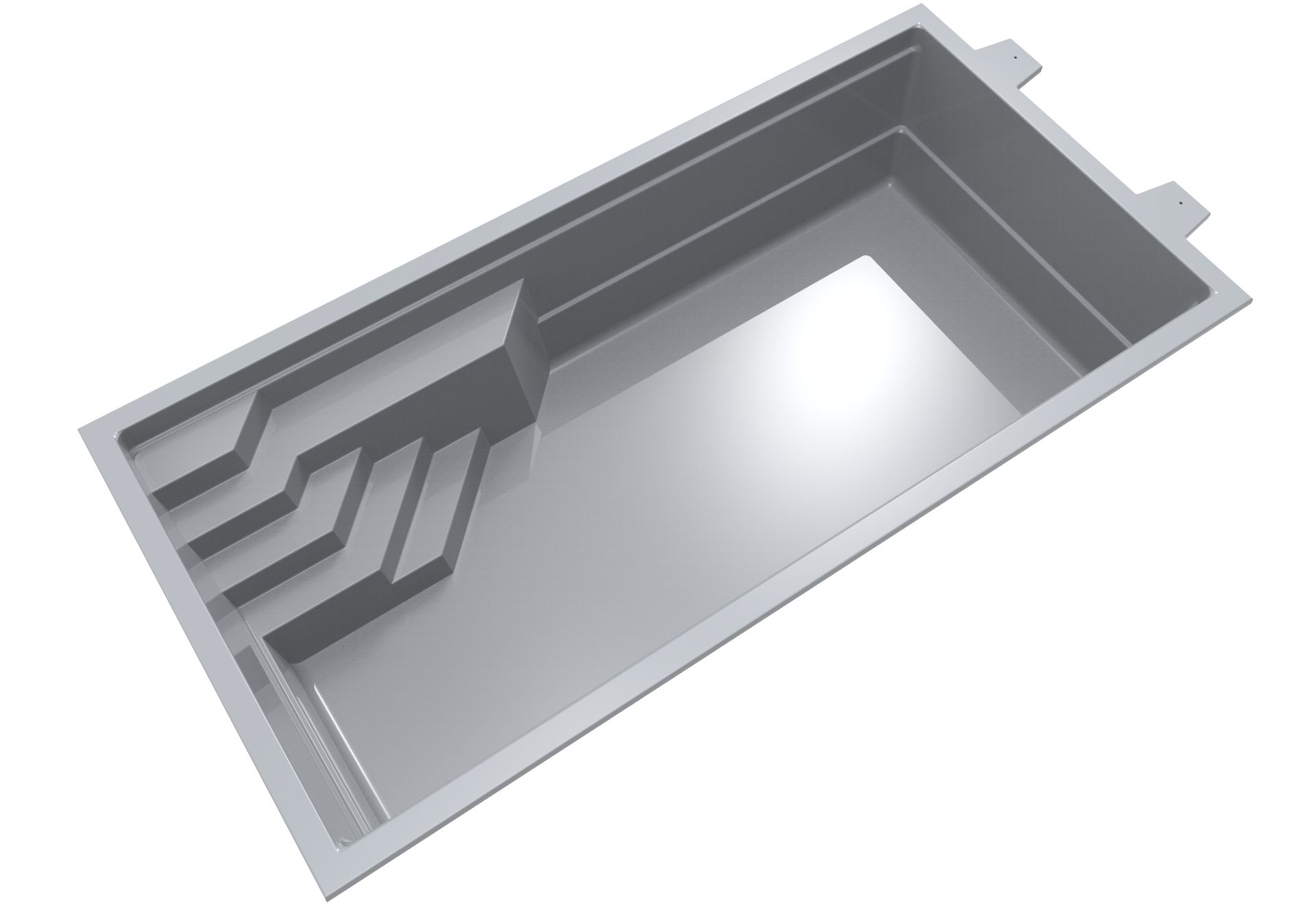 En rektangulär, grå, nedgrävd swimmingpool med inbyggda trappsteg i ena änden och släta invändiga ytor, visad från en vinklad vy.