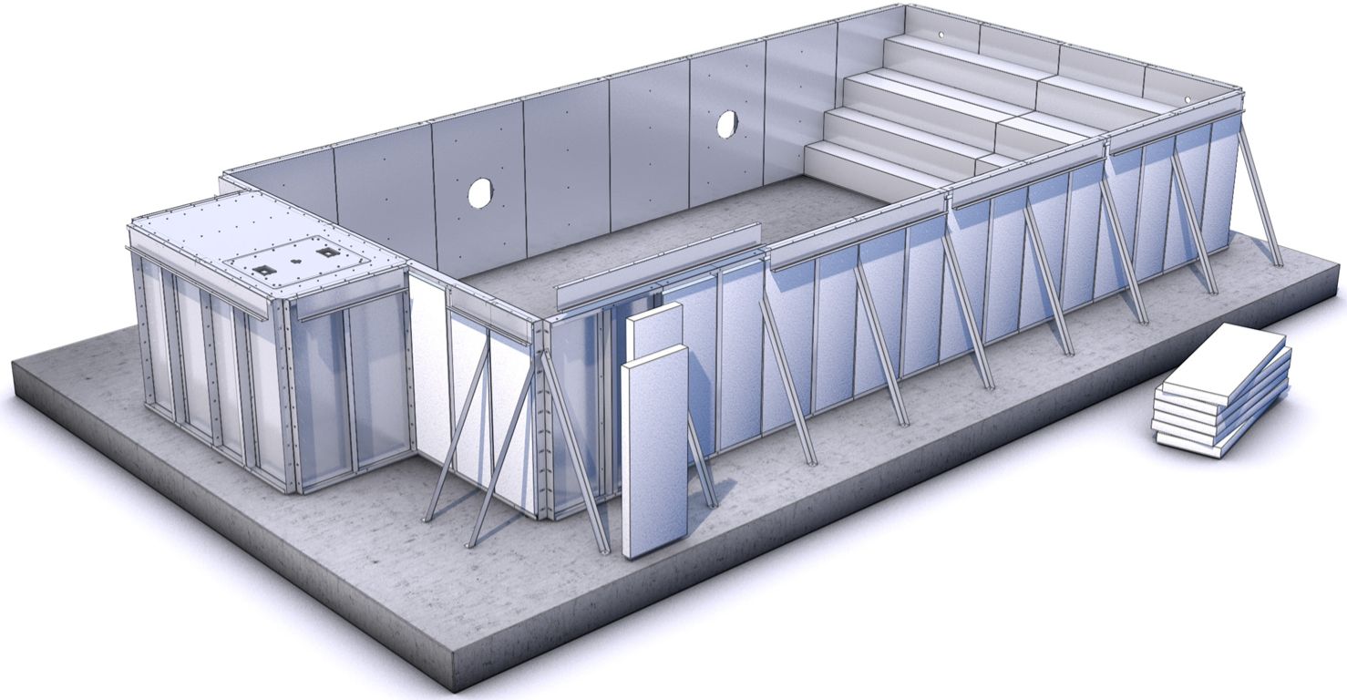 3D-illustration av en prefabricerad betongkonstruktion under montering. Pool paneler står uppställda och stöttas med stag, en trappa är installerad i ena änden och flera lösa betongpaneler ligger bredvid byggnaden på en betongplatta.